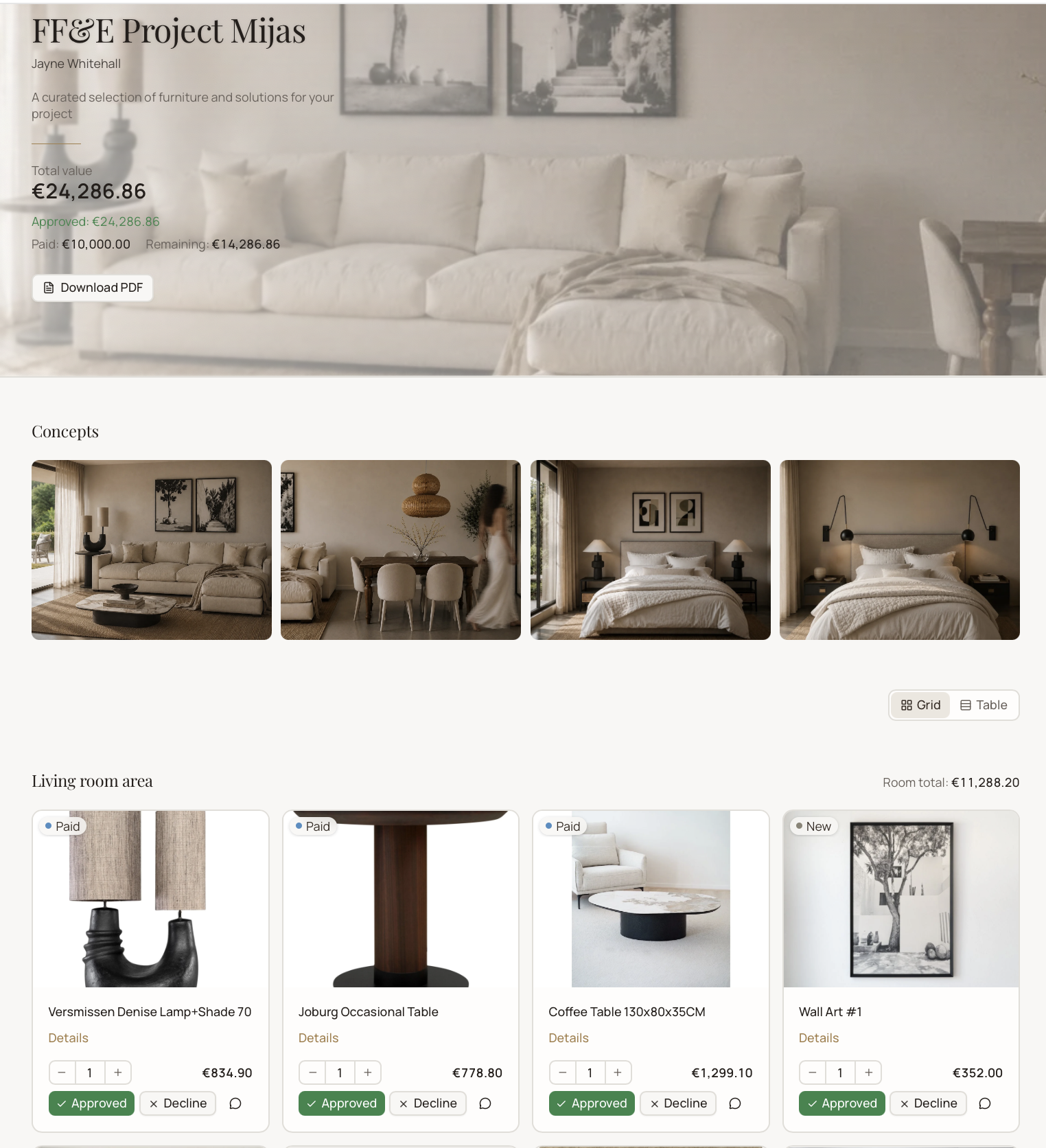 Interiora client portal with concepts, products and approvals
